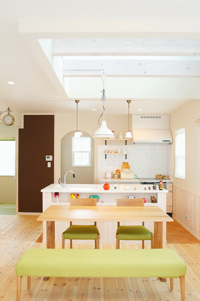 Ispirazione per una piccola sala da pranzo aperta verso la cucina scandinava con parquet chiaro e pareti bianche