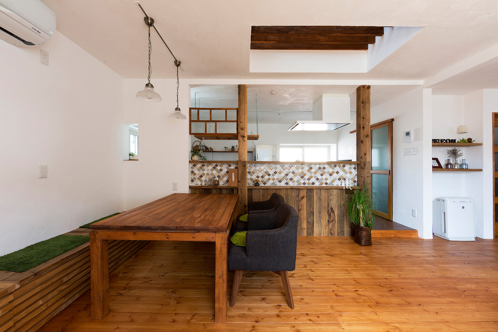 Inspiration pour une salle à manger ouverte sur le salon nordique avec un mur blanc, un sol en bois brun et un sol marron.
