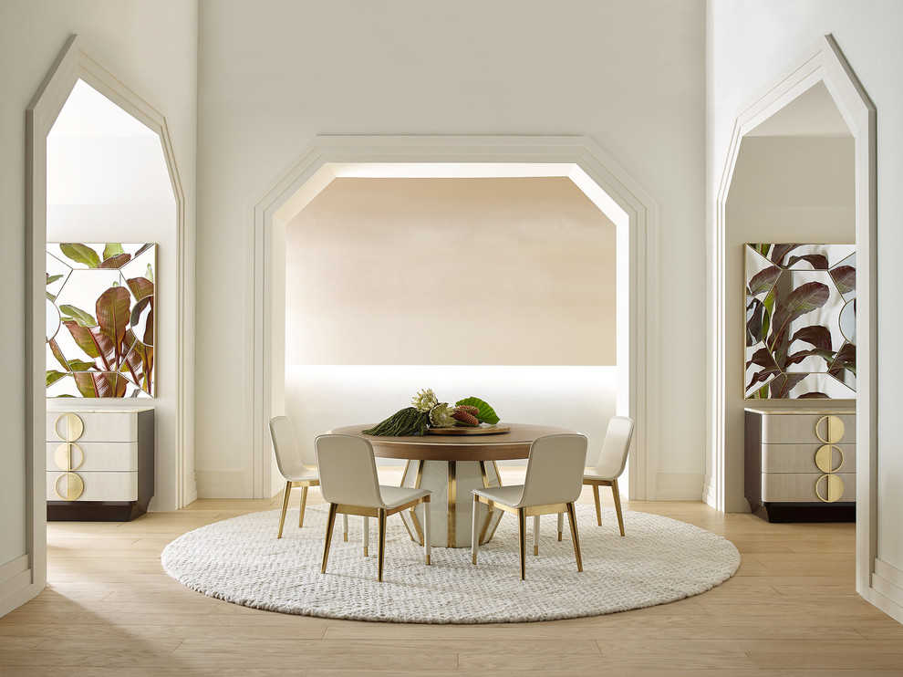 Idées déco pour une salle à manger moderne avec un mur blanc, parquet peint et un sol beige.