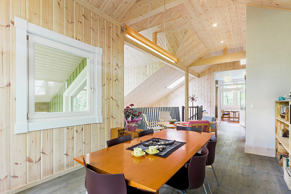 Idee per una sala da pranzo scandinava con pareti beige, pavimento in legno massello medio e nessun camino