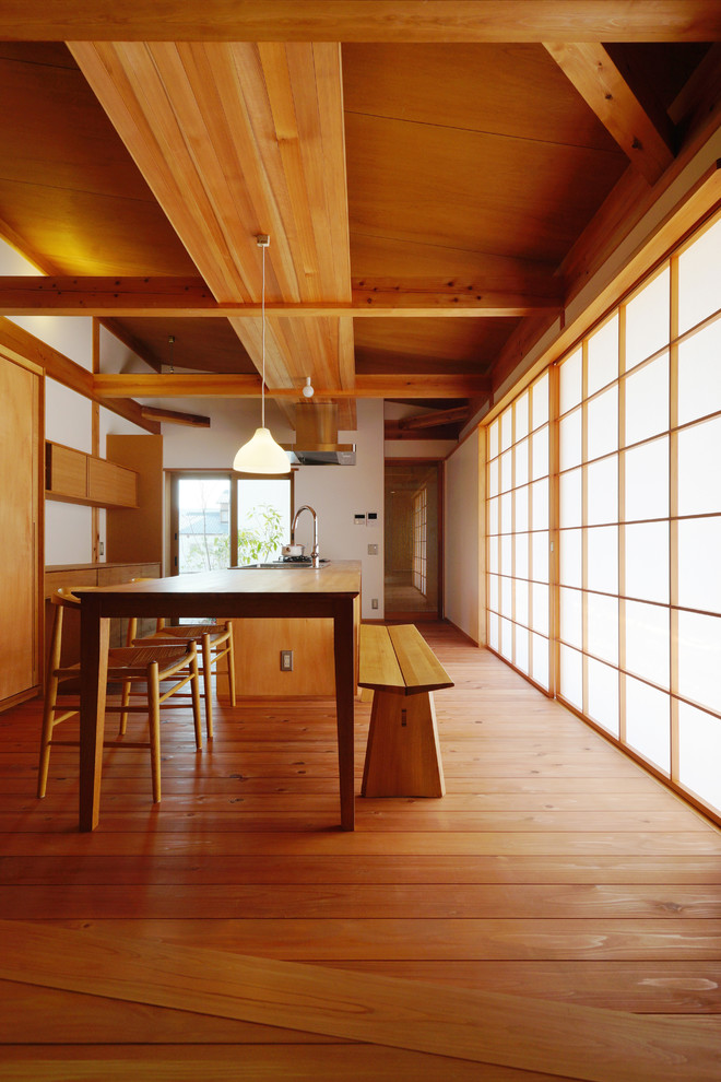 Idée de décoration pour une salle à manger ouverte sur la cuisine asiatique avec un mur blanc, parquet clair et aucune cheminée.