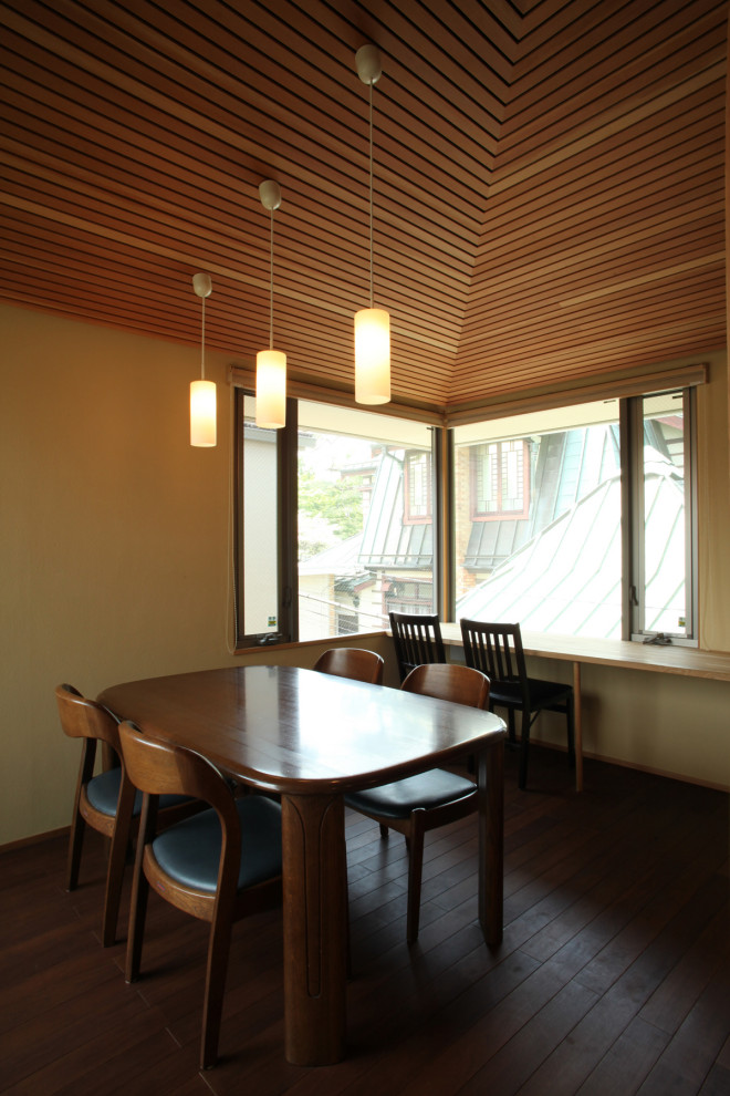 Aménagement d'une salle à manger moderne fermée et de taille moyenne avec un mur beige, parquet foncé, aucune cheminée et un sol marron.
