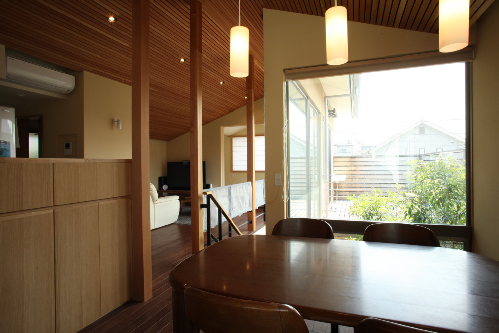 Geschlossenes, Mittelgroßes Modernes Esszimmer ohne Kamin mit beiger Wandfarbe, dunklem Holzboden und braunem Boden in Sonstige