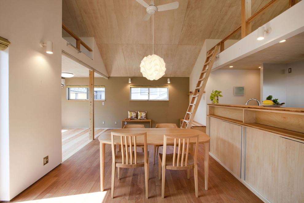 Scandinavian open plan dining room in Tokyo with light hardwood flooring, white walls and no fireplace.