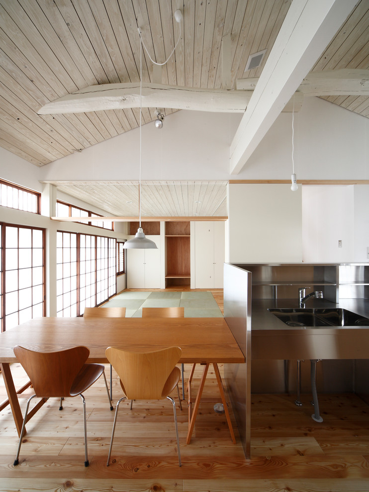 Inspiration pour une salle à manger ouverte sur le salon asiatique avec un mur blanc, un sol en bois brun et un sol marron.