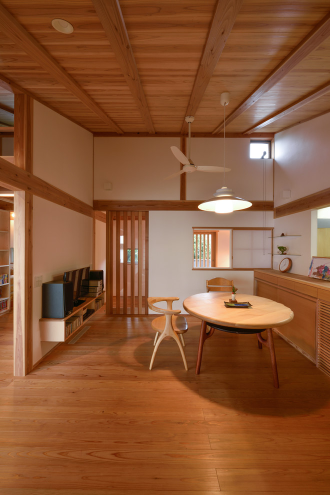 Asiatisches Esszimmer mit weißer Wandfarbe und braunem Holzboden in Sonstige