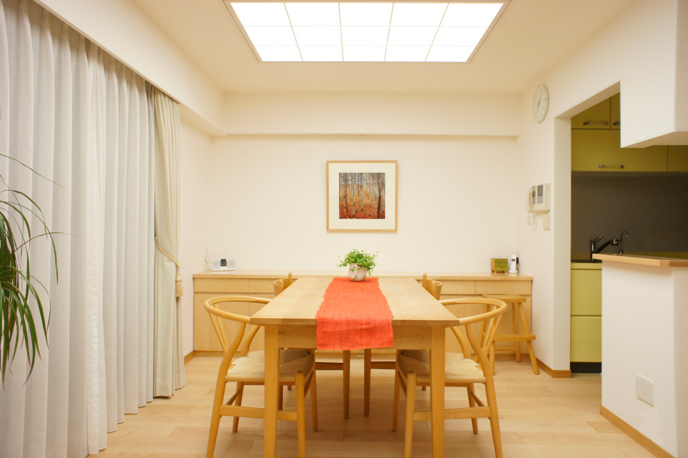Cette photo montre une salle à manger tendance de taille moyenne avec un mur blanc, parquet clair et un sol beige.
