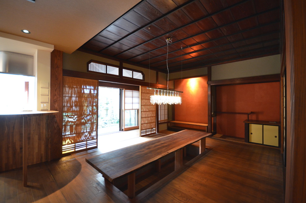 Modelo de comedor de estilo zen abierto con paredes rojas, suelo de madera oscura y estufa de leña