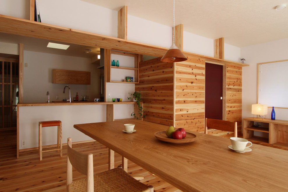 Modelo de comedor minimalista de tamaño medio abierto con paredes blancas, suelo de madera en tonos medios y suelo marrón
