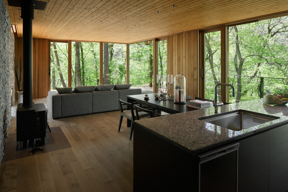 Свежая идея для дизайна: гостиная-столовая в современном стиле с коричневыми стенами, деревянным полом, печью-буржуйкой и серым полом - отличное фото интерьера
