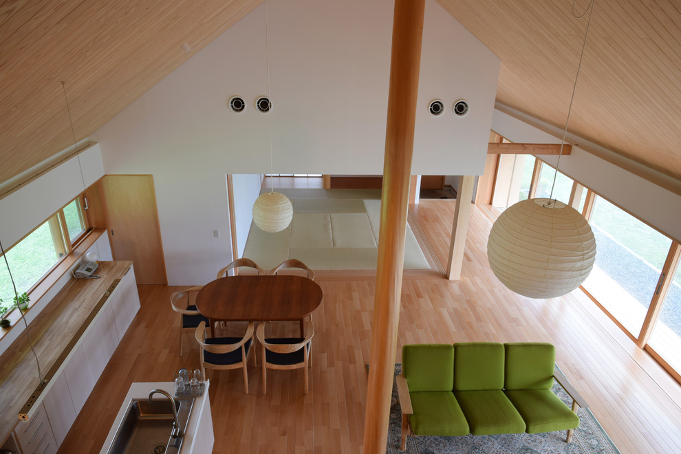 Offenes, Mittelgroßes Nordisches Esszimmer ohne Kamin mit weißer Wandfarbe, braunem Holzboden und braunem Boden in Sonstige
