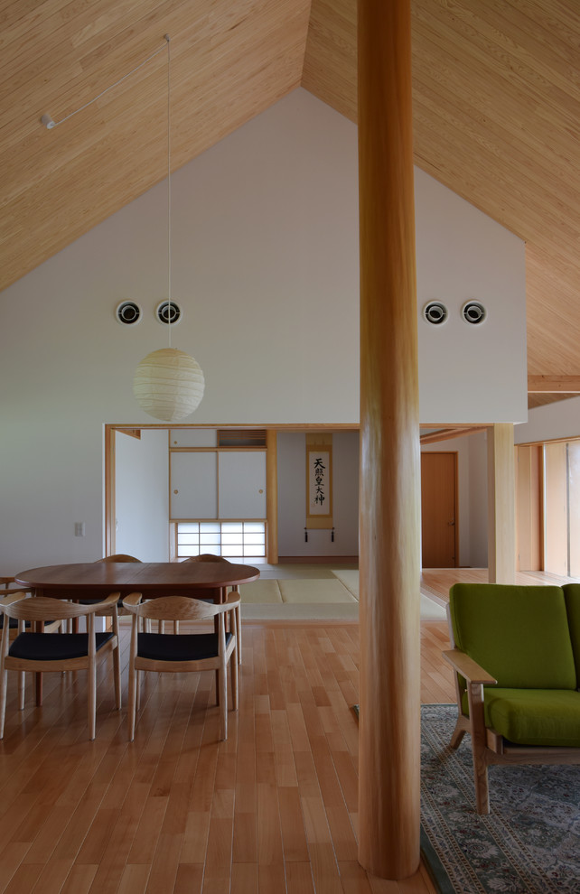 Ejemplo de comedor escandinavo de tamaño medio abierto sin chimenea con paredes blancas, suelo de madera en tonos medios y suelo marrón