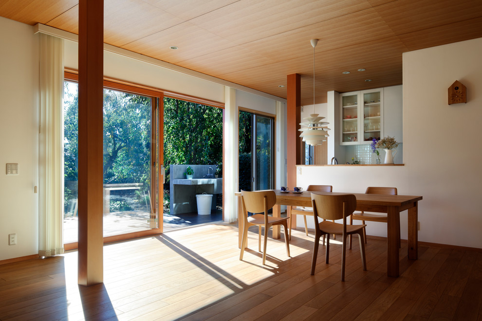 Idée de décoration pour une salle à manger ouverte sur le salon asiatique avec un mur blanc, un sol en bois brun et un sol marron.