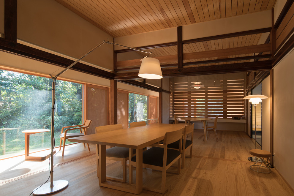 Inspiration for a zen medium tone wood floor and beige floor dining room remodel in Other with beige walls