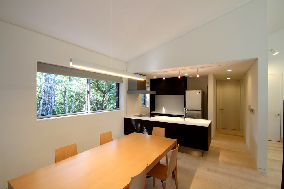 Свежая идея для дизайна: кухня-столовая среднего размера в стиле модернизм с белыми стенами, полом из фанеры, двусторонним камином, фасадом камина из камня и коричневым полом - отличное фото интерьера