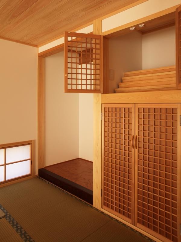 Inspiration pour une petite salle à manger asiatique fermée avec un mur blanc, un sol de tatami, un sol vert et un plafond en bois.