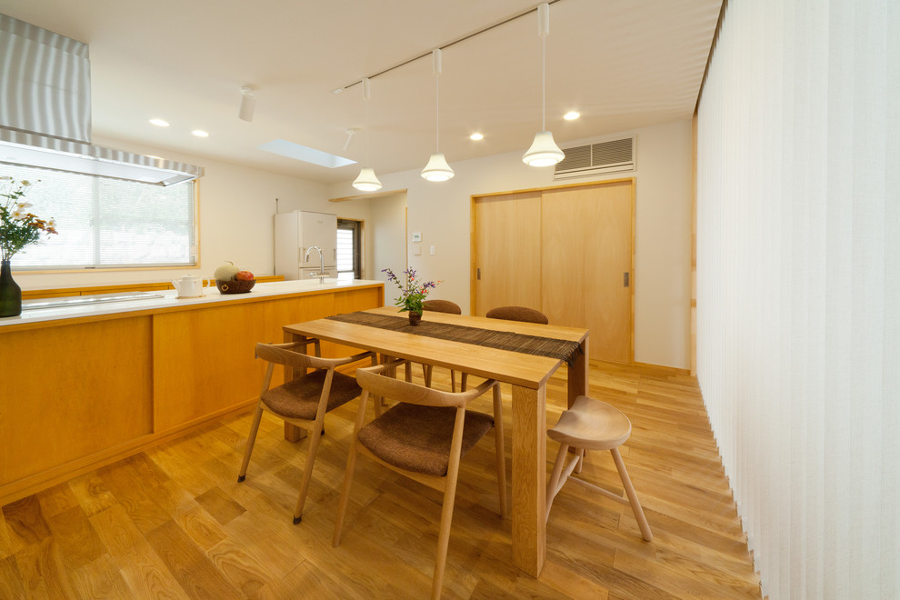 Immagine di una sala da pranzo etnica con pareti bianche, pavimento in legno massello medio e nessun camino