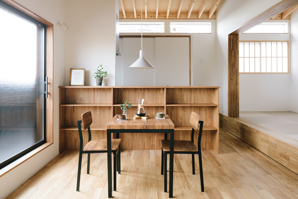 Idée de décoration pour une petite salle à manger nordique avec un mur blanc, un sol en bois brun et un sol marron.
