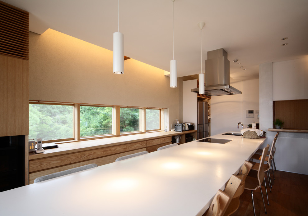 Réalisation d'une salle à manger nordique avec un mur blanc et un sol en bois brun.