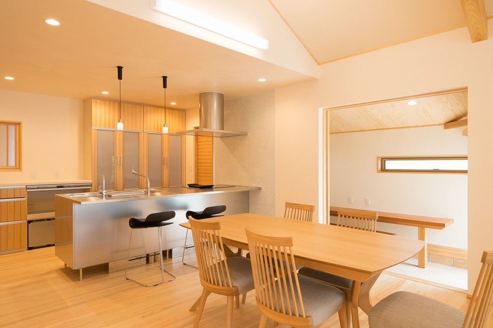 Imagen de comedor moderno abierto sin chimenea con paredes blancas y suelo de madera clara
