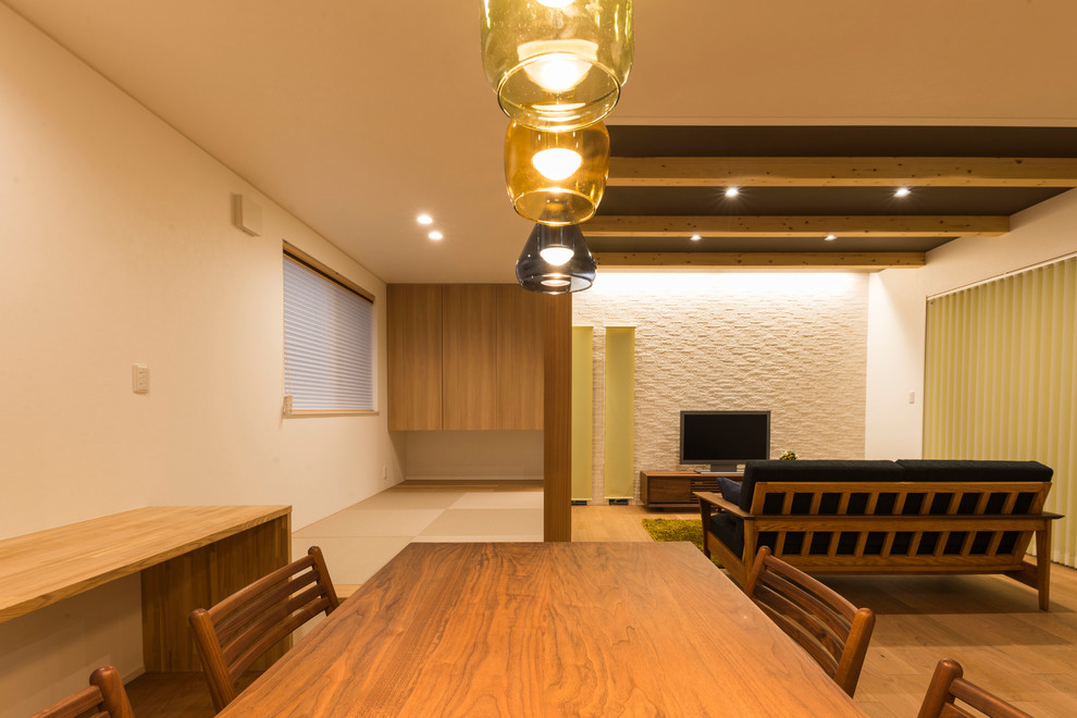 Offenes, Mittelgroßes Modernes Esszimmer ohne Kamin mit weißer Wandfarbe, Sperrholzboden und braunem Boden in Sonstige