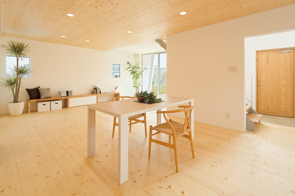 Inspiration pour une salle à manger design avec un mur blanc, parquet clair et un sol marron.