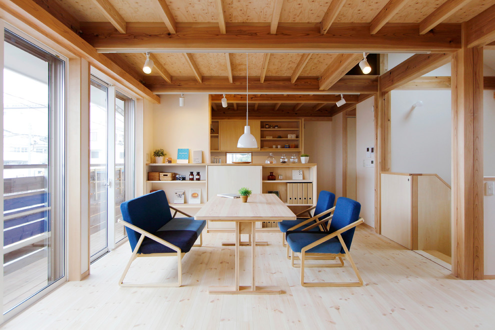 Immagine di una sala da pranzo etnica con pareti bianche, parquet chiaro e pavimento beige