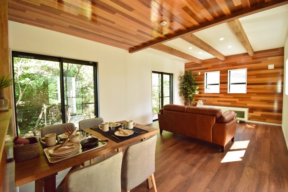 Inspiration for a timeless medium tone wood floor and brown floor great room remodel in Tokyo Suburbs with white walls