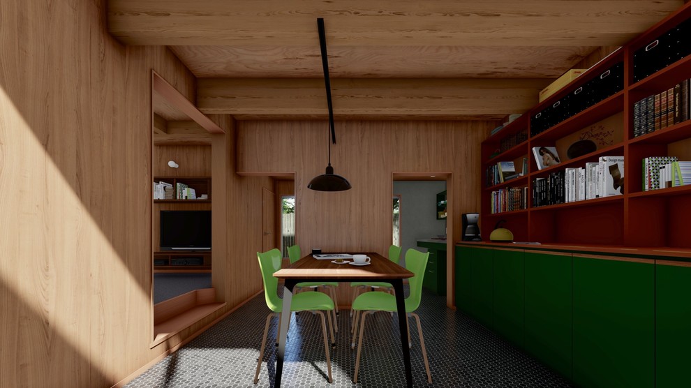 Стильный дизайн: маленькая отдельная столовая в скандинавском стиле с бежевыми стенами, полом из керамогранита и черным полом для на участке и в саду - последний тренд