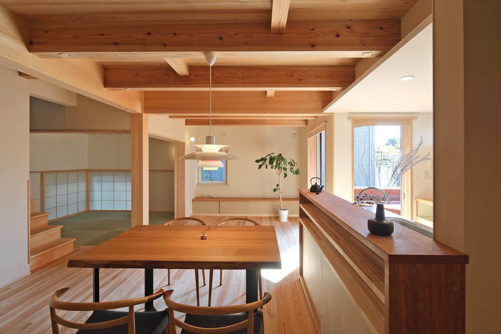 Immagine di una sala da pranzo aperta verso il soggiorno minimalista con pareti bianche, parquet chiaro e pavimento beige