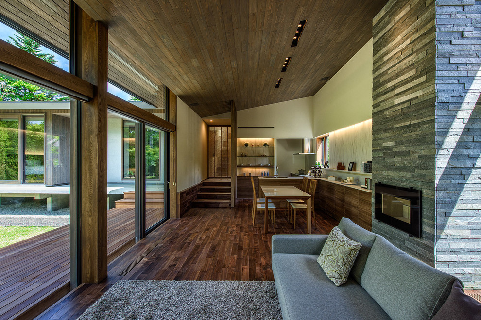 Modernes Esszimmer mit bunten Wänden, dunklem Holzboden, Kamin, Kaminumrandung aus Stein und braunem Boden in Sonstige