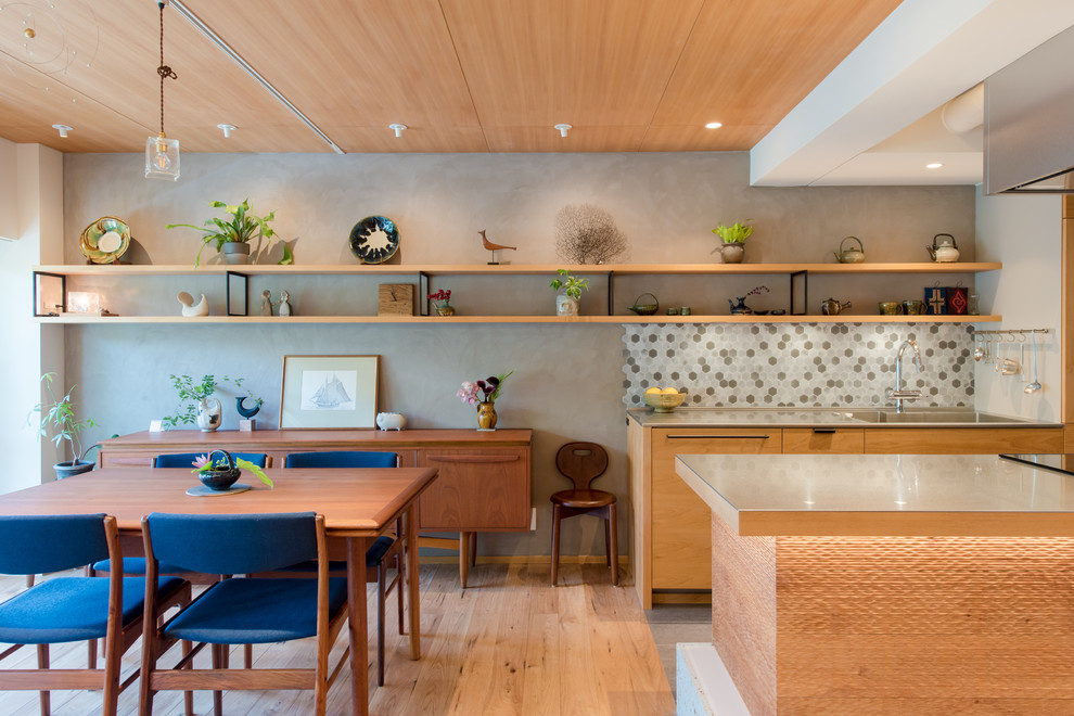 Esempio di una sala da pranzo aperta verso il soggiorno etnica con parquet chiaro, pavimento beige e pareti multicolore