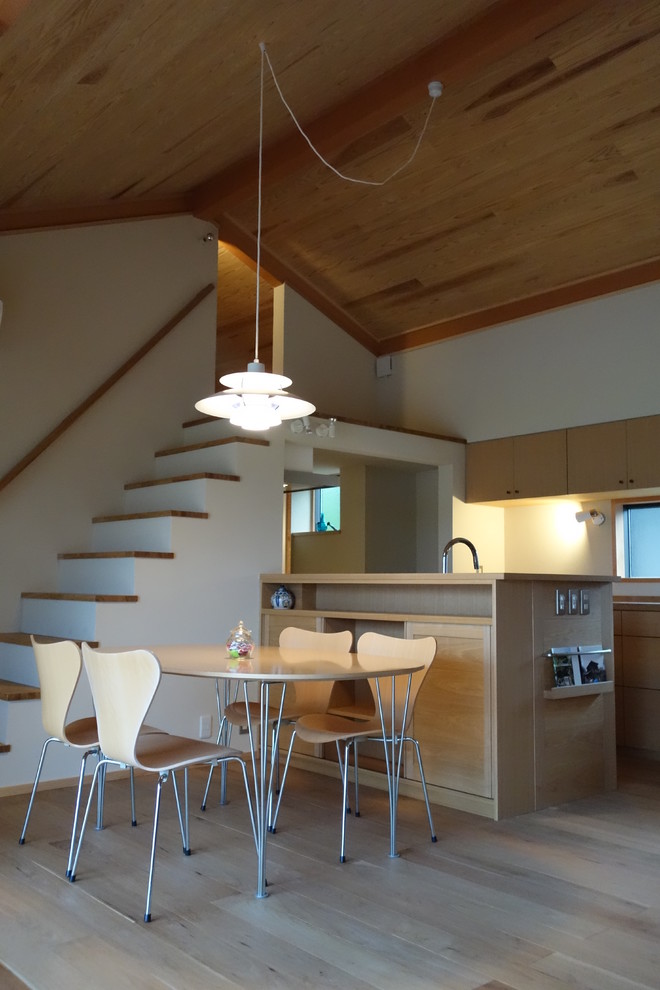 Idée de décoration pour une salle à manger ouverte sur la cuisine design avec un mur blanc, parquet clair et aucune cheminée.