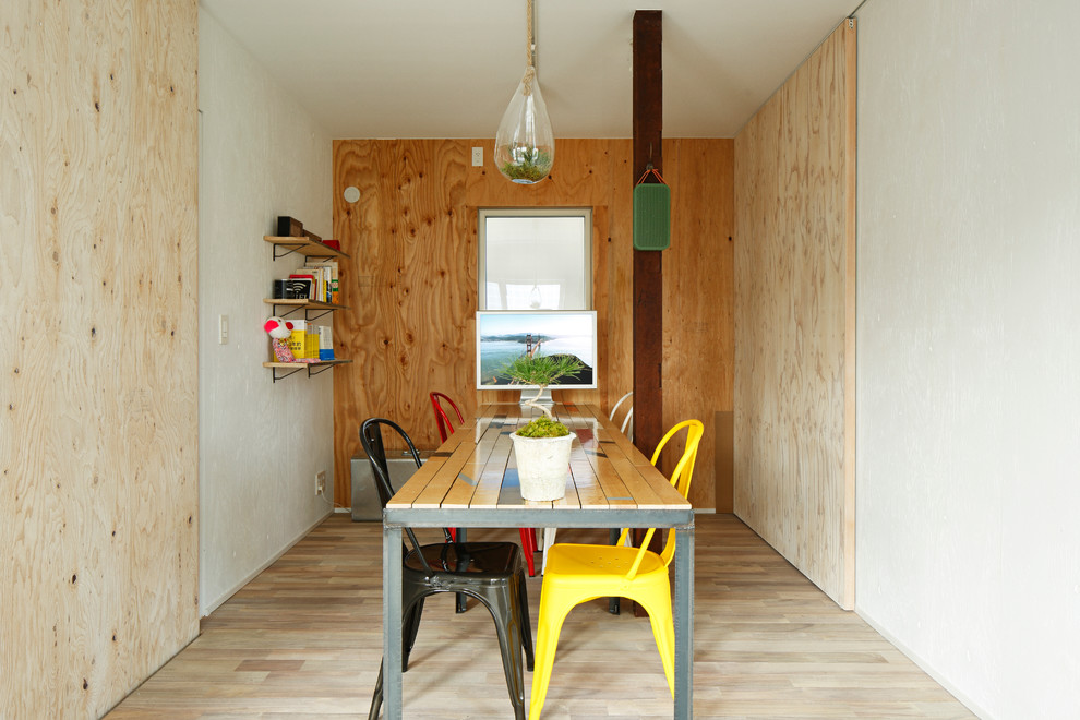 Ispirazione per una piccola sala da pranzo scandinava con pareti bianche, parquet chiaro, nessun camino e pavimento beige