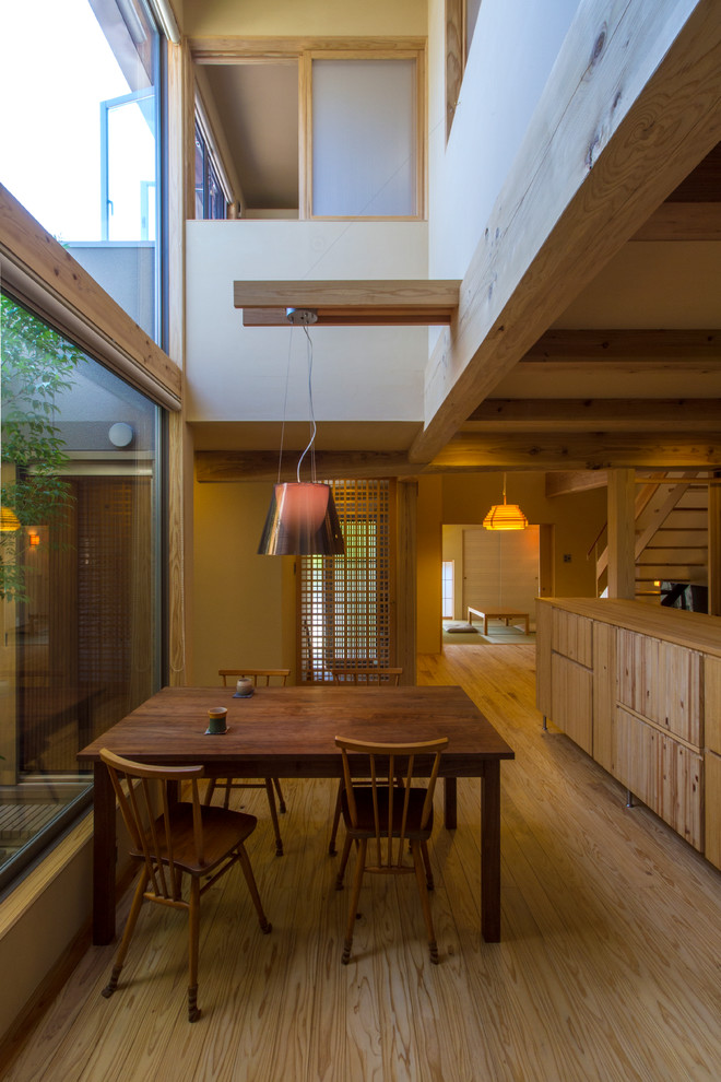Kleine Asiatische Wohnküche ohne Kamin mit hellem Holzboden und beiger Wandfarbe in Sonstige