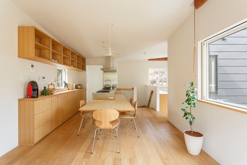 Idéer för minimalistiska kök med matplatser, med vita väggar och ljust trägolv