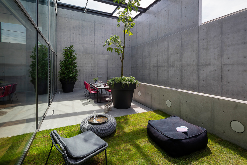 Inspiration pour une terrasse avec des plantes en pots minimaliste.