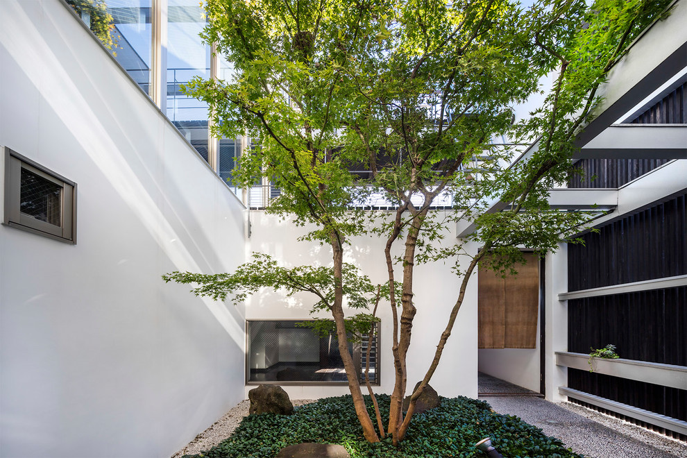 Cette photo montre une terrasse chic avec une cour, du gravier et aucune couverture.