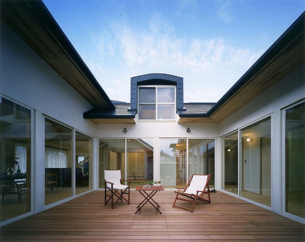 Idées déco pour une terrasse en bois moderne avec une cour et aucune couverture.