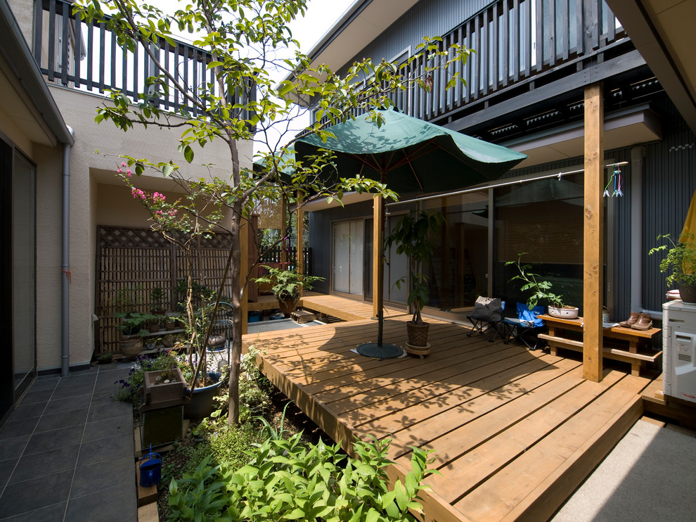 Ispirazione per un patio o portico minimalista in cortile con pedane e un parasole