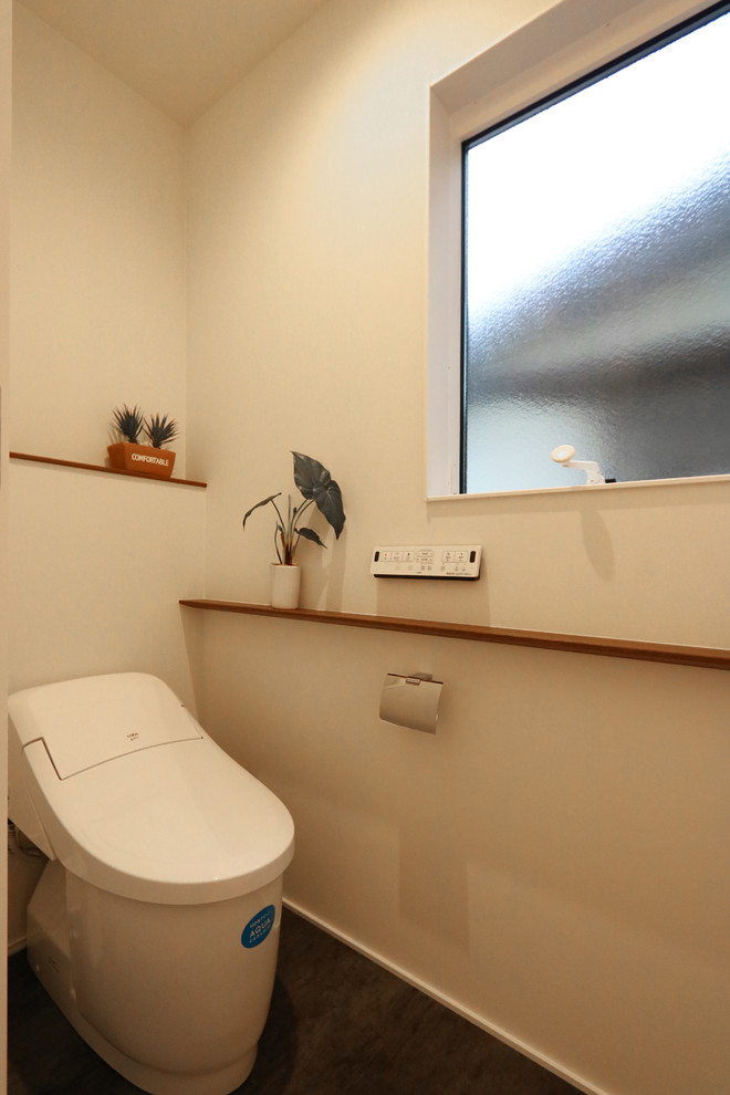 Cette image montre un WC et toilettes chalet de taille moyenne avec un mur blanc.