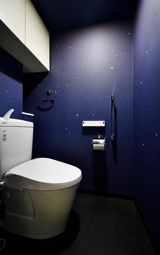 他の地域にあるインダストリアルスタイルのおしゃれなトイレ・洗面所 (青い壁、黒い床) の写真