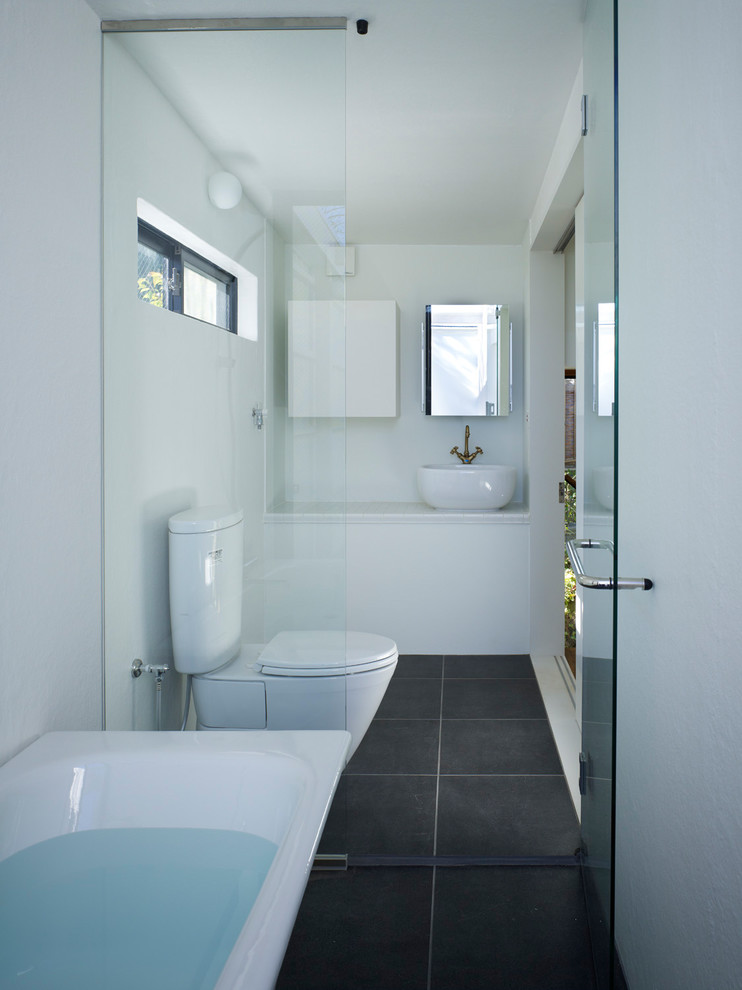 Cette photo montre un WC et toilettes tendance avec un mur blanc et un sol noir.