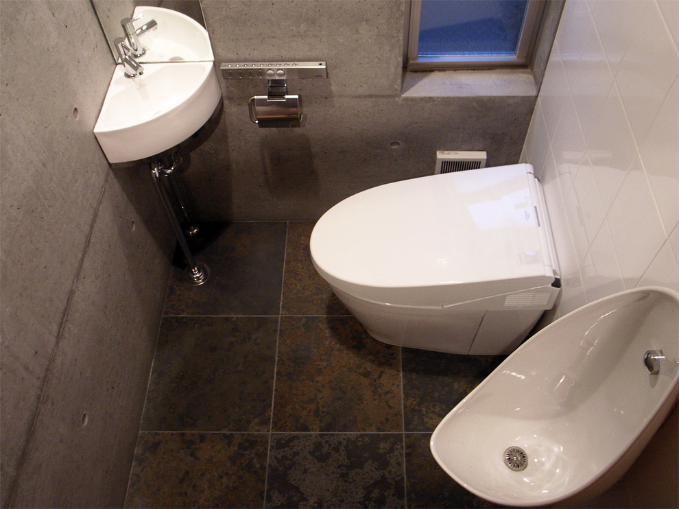 Inspiration pour un WC et toilettes minimaliste avec un carrelage multicolore, un carrelage de pierre, un mur gris, un sol en ardoise et un lavabo suspendu.