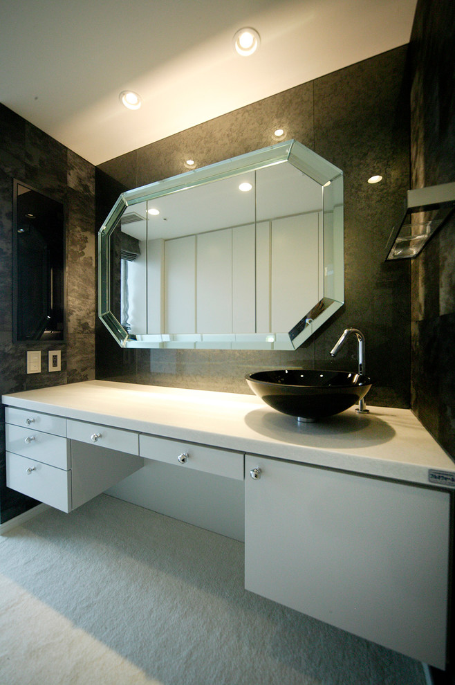 Powder room - mid-sized modern white floor powder room idea in Other with white walls