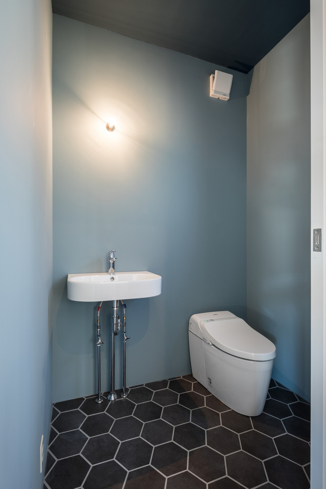 Example of a trendy black floor powder room design in Other with blue walls