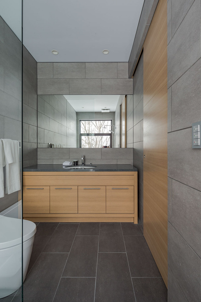 Modern cloakroom in Sapporo with light wood cabinets, a one-piece toilet, grey tiles, ceramic tiles, grey walls, ceramic flooring, a submerged sink, granite worktops, grey floors and black worktops.