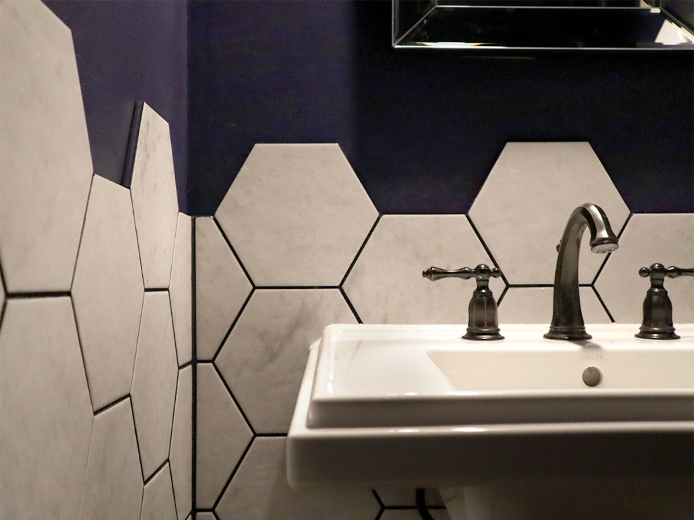 Inspiration for a small contemporary cloakroom in Other with white cabinets, an urinal, white tiles, porcelain tiles, blue walls, a console sink and a freestanding vanity unit.
