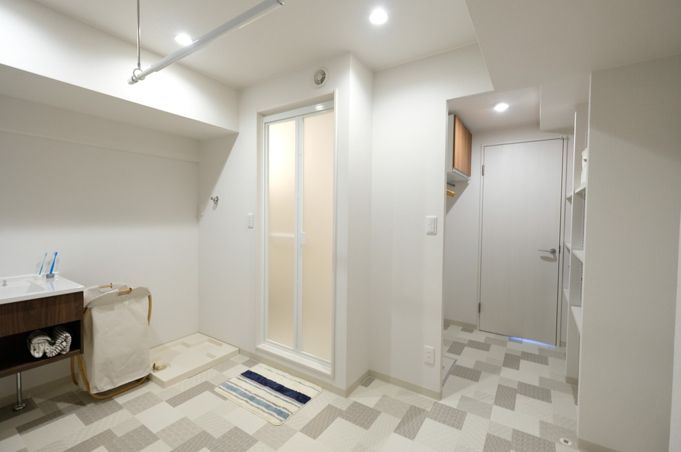 Medium sized modern cloakroom in Other with open cabinets, dark wood cabinets, white walls, vinyl flooring, an integrated sink, glass worktops, grey floors and white worktops.