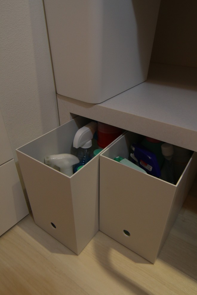 Photo of a medium sized modern cloakroom in Other with open cabinets, white cabinets, white tiles, mosaic tiles, white walls, a built-in sink, solid surface worktops, white floors and lino flooring.